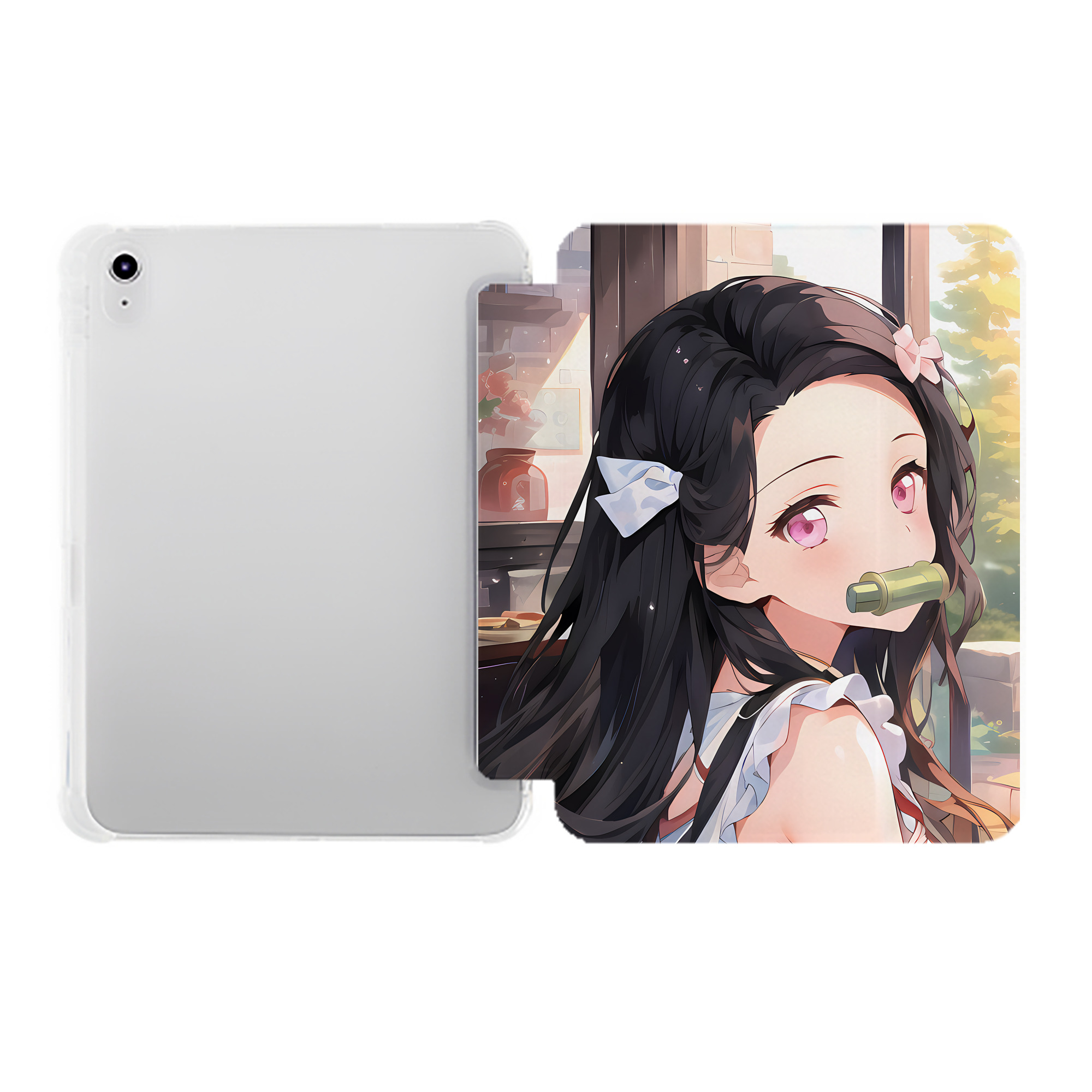 （画像用） 鬼滅の刃（きめつのやいば）竈門 禰󠄀豆子／かまど ねずこ Kamado Nezuko IPad ケース ペン収納付き 三つ折りスタンド PUレザー×シリコン 対応機種9.5/10.5/10.9インチ